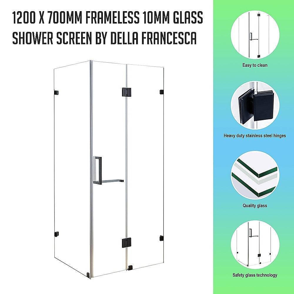 Frameless 10mm Safety Glass Shower Screen, Black Hardware