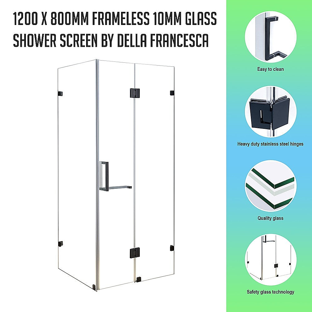 120x80cm Frameless 10mm Glass Shower Screen, Black Hardware