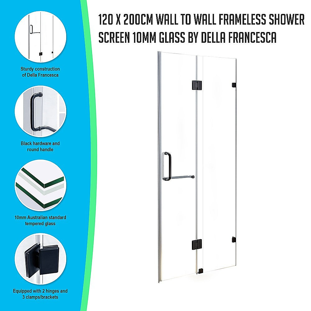 Frameless 10mm Shower Screen 120x200cm, Black, Della Francesca