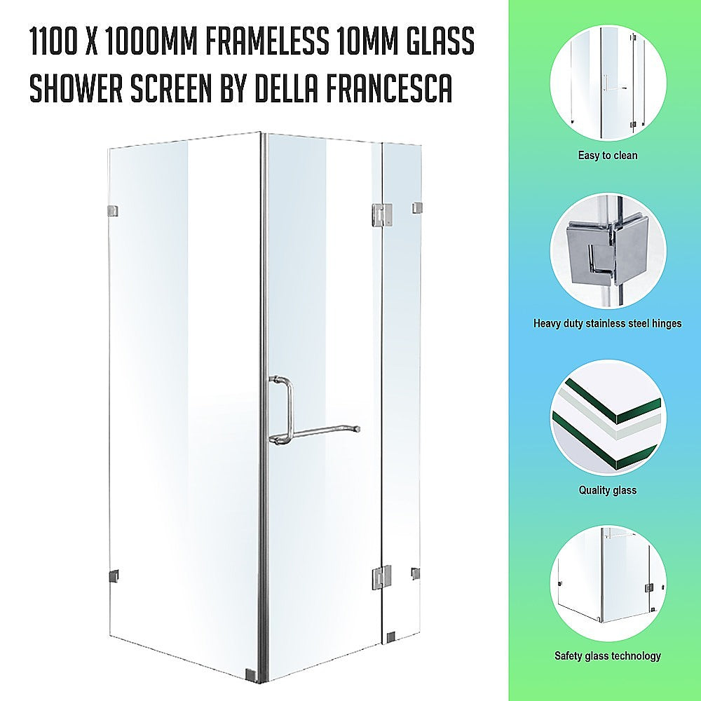 Frameless 10mm Glass Shower Screen, Chrome Hardware, 110x100cm