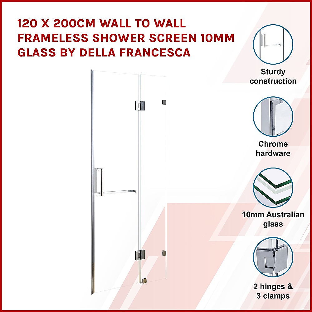 10mm Frameless Shower Screen, 120x200cm, Chrome Handle