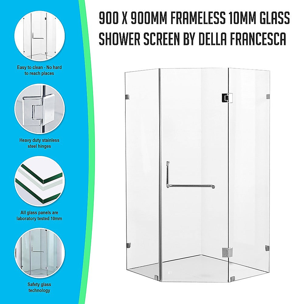 Frameless Diamond Shower Screen, 10mm Glass, 900x900mm, Della Francesca