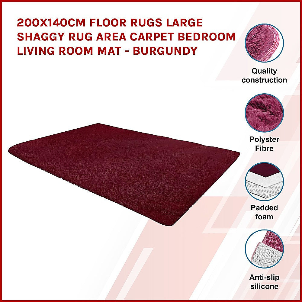 200x140cm Floor Rugs Large Shaggy Rug Area Carpet Bedroom Living Room Mat - Burgundy