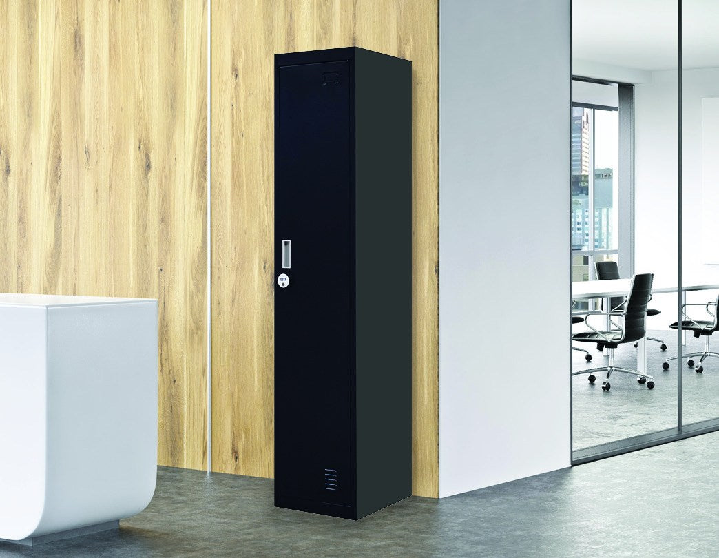 Black Steel Single-Door Locker with Air Vents and Rod