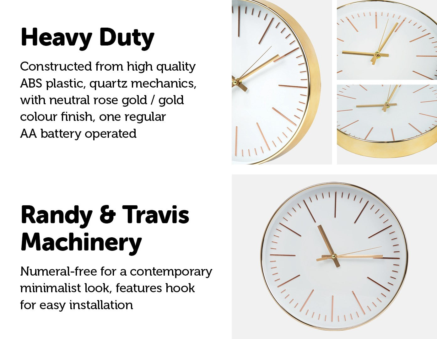 Modern Wall Clock Silent Non-Ticking Quartz Battery Operated Gold