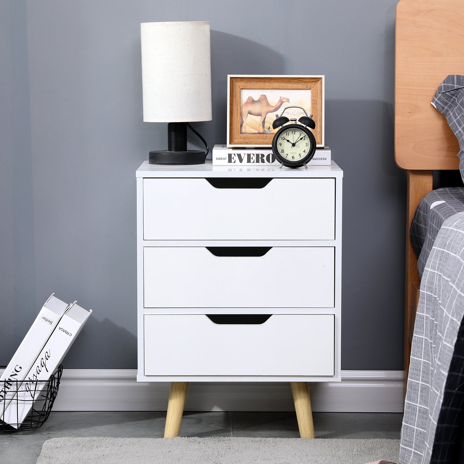 Mid-Century 3-Drawer Wooden Bedside Table, White, Palermo