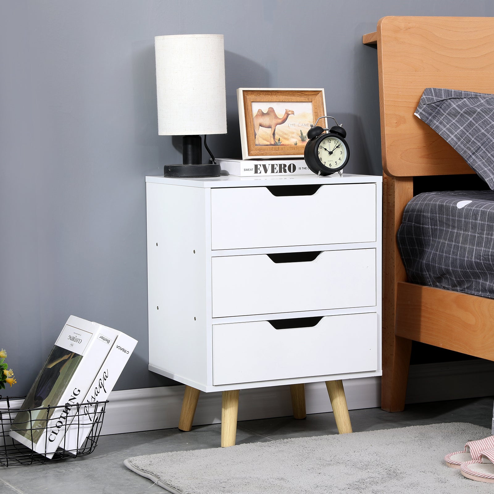 Mid-Century 3-Drawer Wooden Bedside Table, White, Palermo