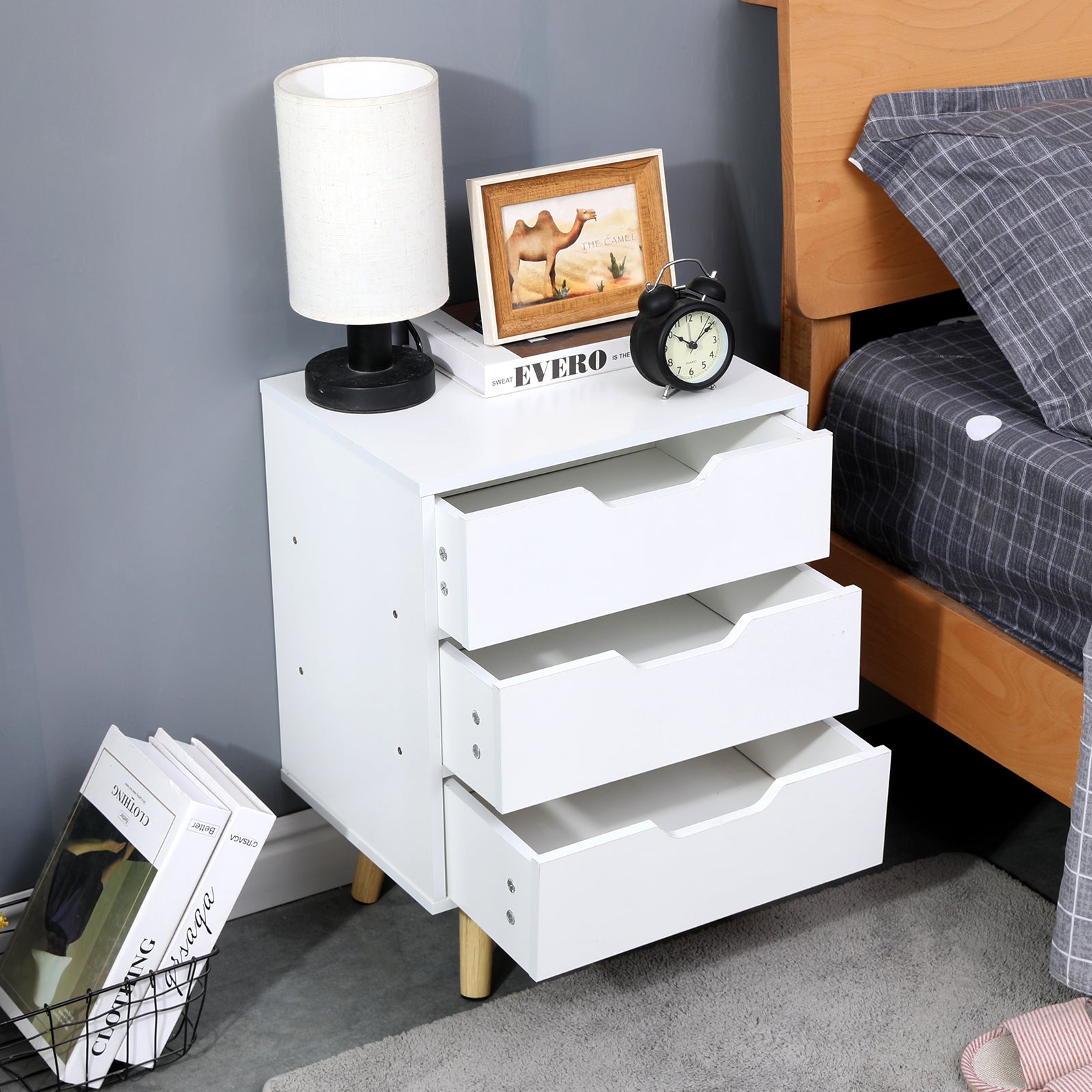 Mid-Century 3-Drawer Wooden Bedside Table, White, Palermo