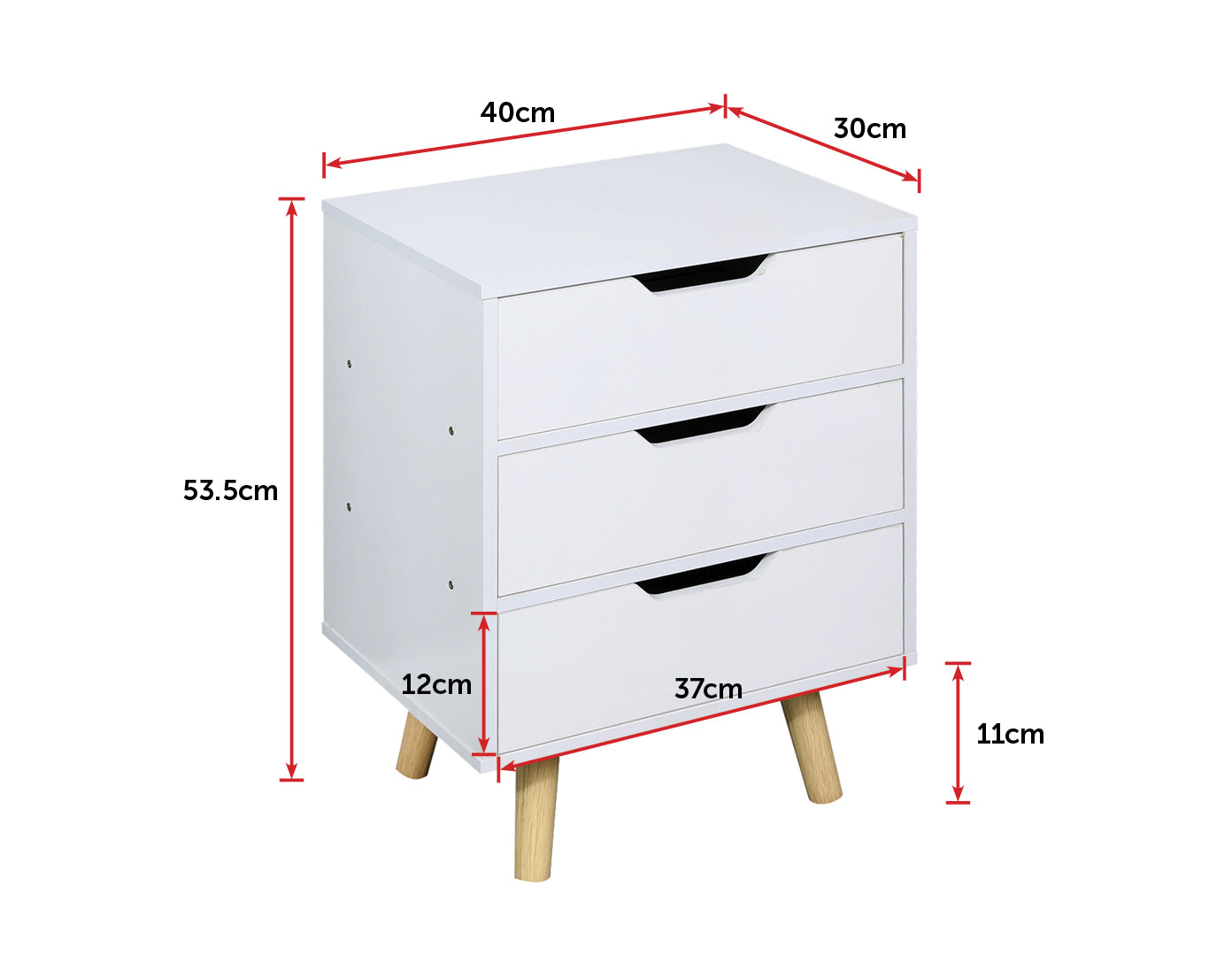 Mid-Century 3-Drawer Wooden Bedside Table, White, Palermo