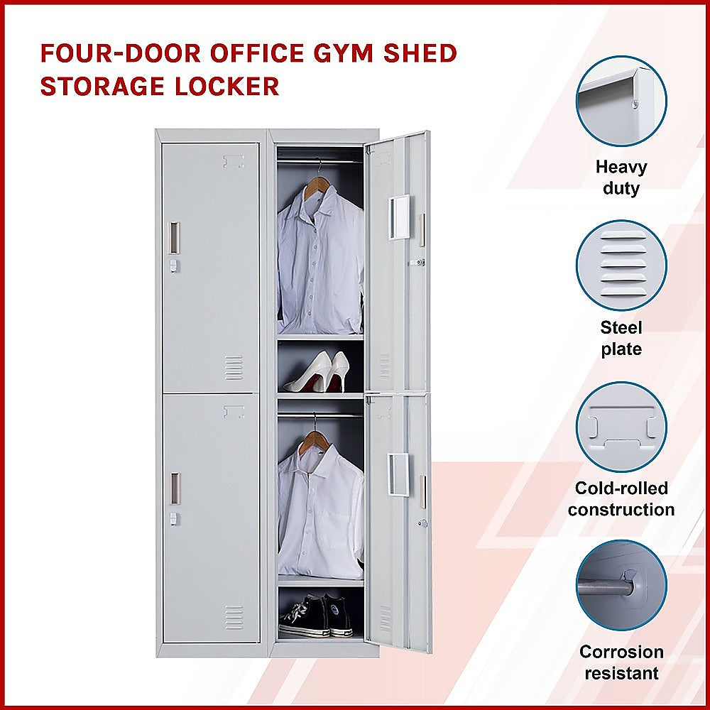 Durable 4-Door Steel Gym Office Locker with Padlock, Grey