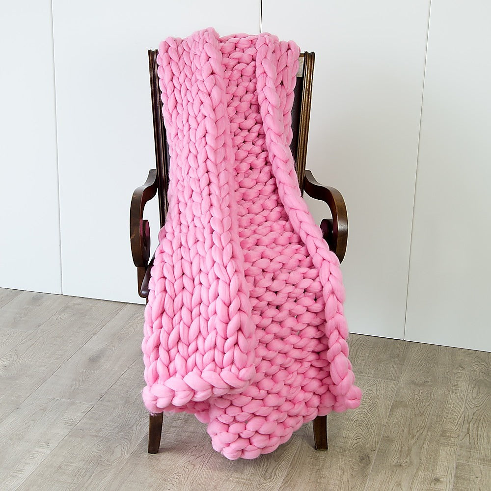 Hand Knitted Chunky Blanket Thick Acrylic Yarn Blanket Home Decor Throw Rug - Pink