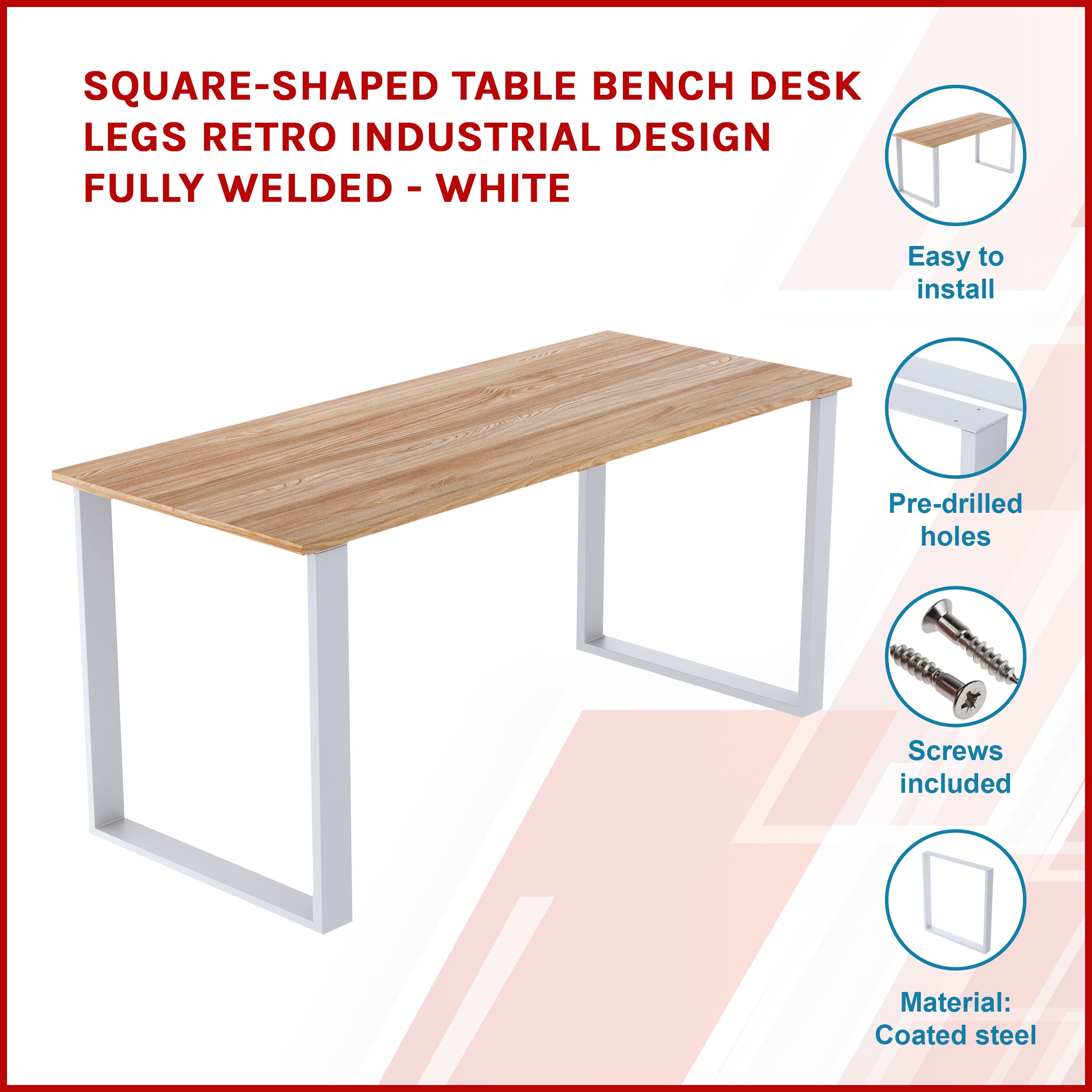 Square-Shaped Table Bench Desk Legs Retro Industrial Design Fully Welded - White