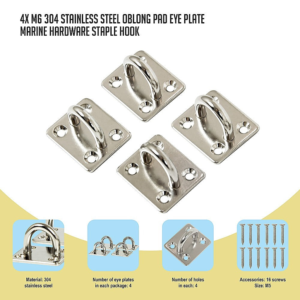 4X 304 Stainless Steel Oblong Eye Plates w/ Screws, 0.1 Tonne Load