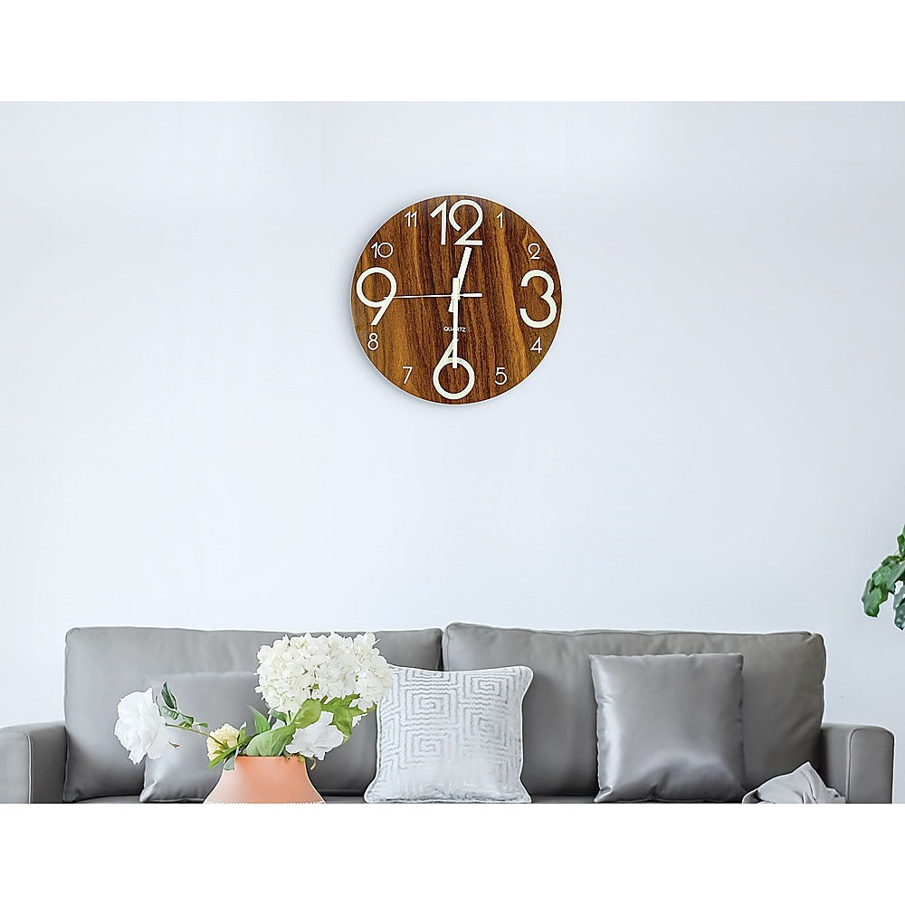 Luminous Quiet Glow-In-Dark Quartz Wall Clock 30cm Walnut