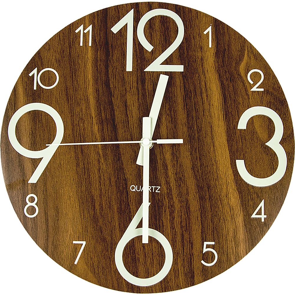 Luminous Quiet Glow-In-Dark Quartz Wall Clock 30cm Walnut