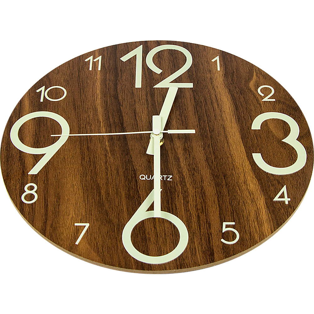 Luminous Quiet Glow-In-Dark Quartz Wall Clock 30cm Walnut