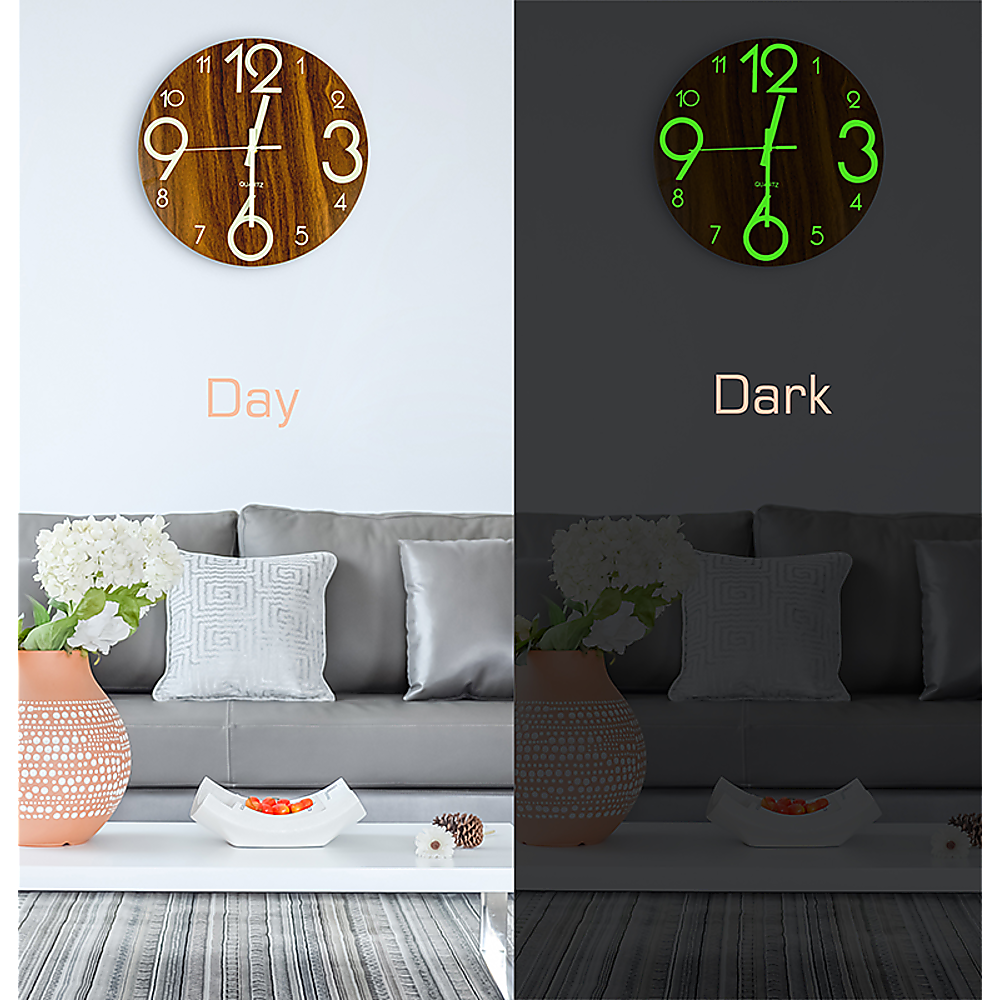 Luminous Quiet Glow-In-Dark Quartz Wall Clock 30cm Walnut