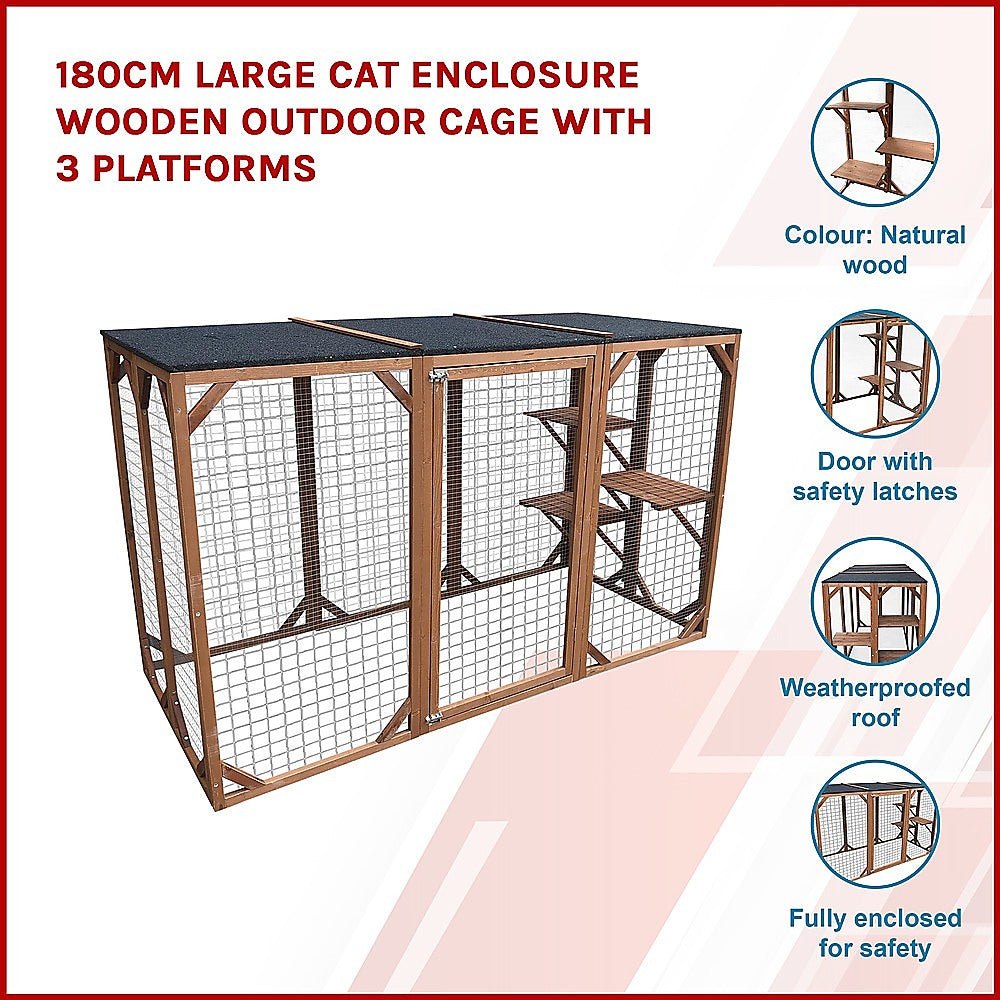 180cm Outdoor Cat Enclosure, Wooden, 3 Platforms