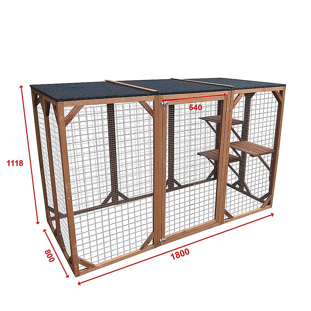 180cm Outdoor Cat Enclosure, Wooden, 3 Platforms