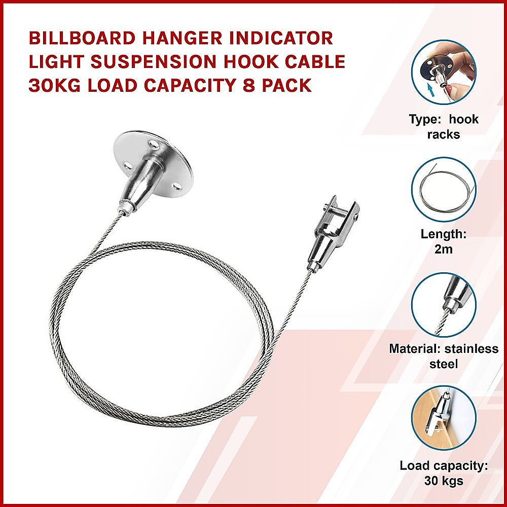 Stainless Steel Hanger Hook Rack, 2m Cable, 30kg Load, 8 Pack