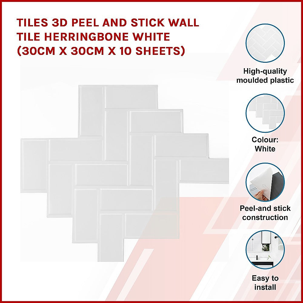 Tiles 3D Peel and Stick Wall Tile Herringbone White 10 Sheets