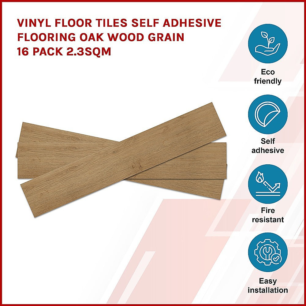 Oak Vinyl Floor Tiles, Self-Adhesive, Mould & Fire Resistant, 16 Pack