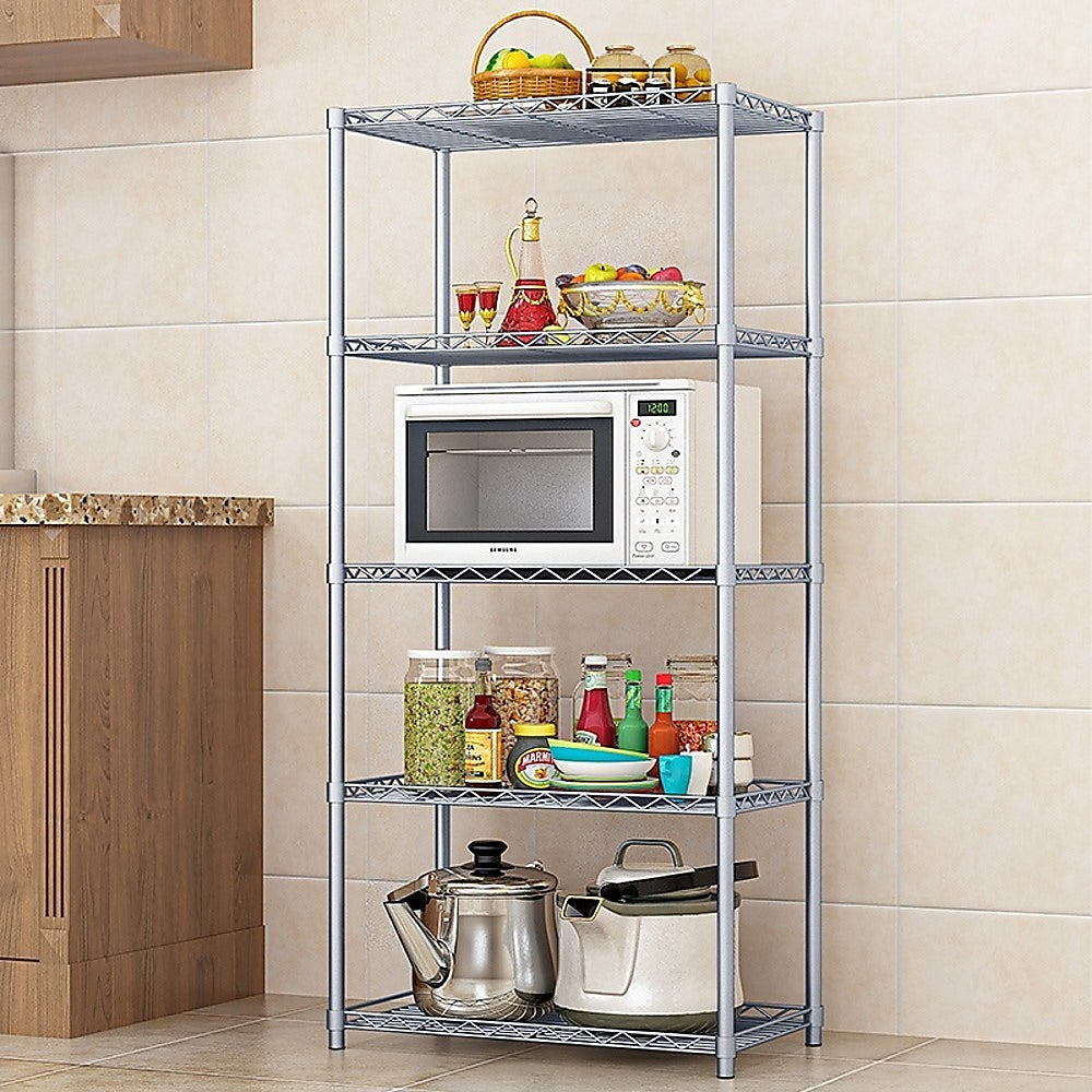 Small Silver Racking 5 Tier Silver Metal Storage Rack Shelving Wire Shelf