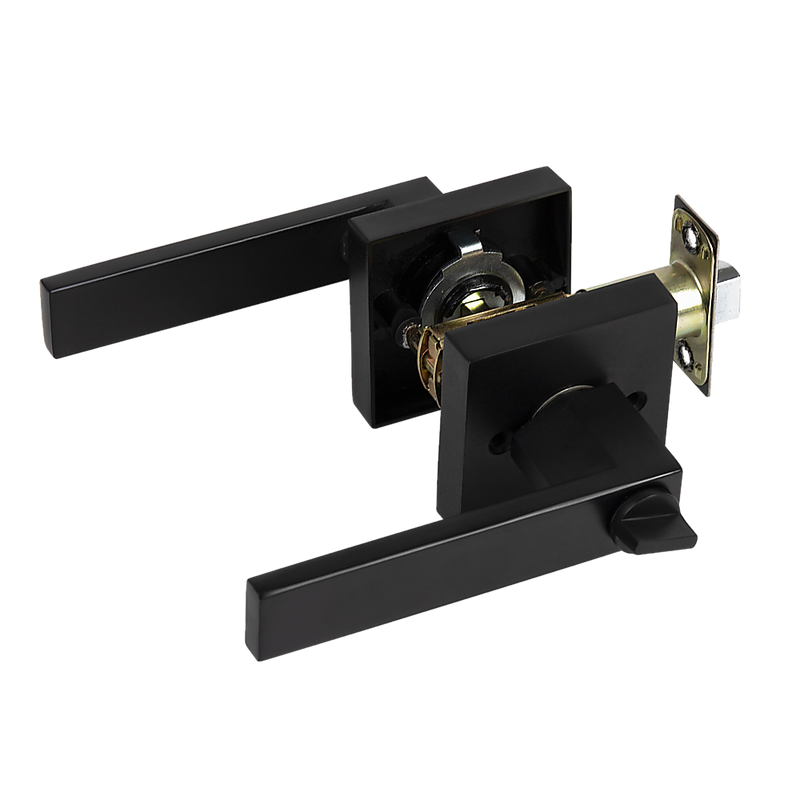 Door Handle Set Lever Key Lock Function Square Black