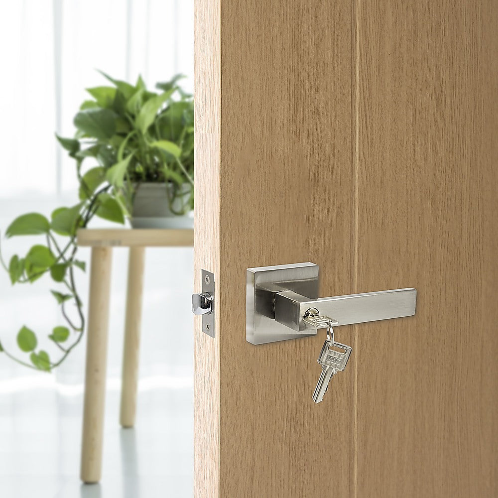 Heavy-Duty Square Satin Nickel Door Handle Set with Lock