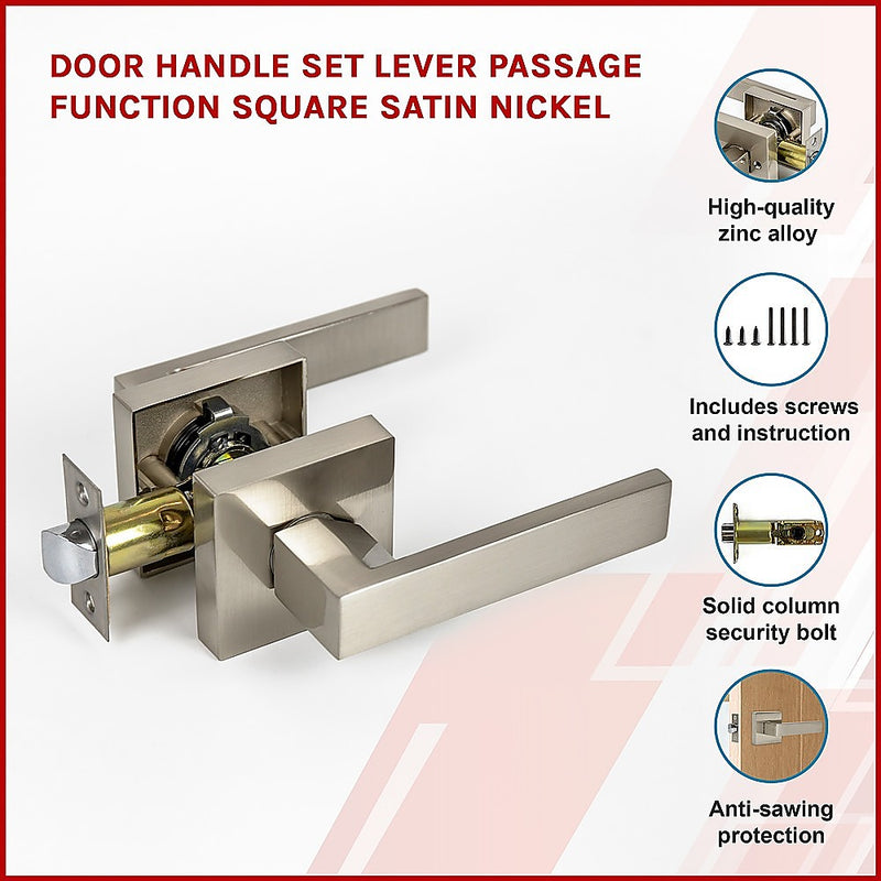 Door Handle Set Lever Passage Function Square Satin Nickel