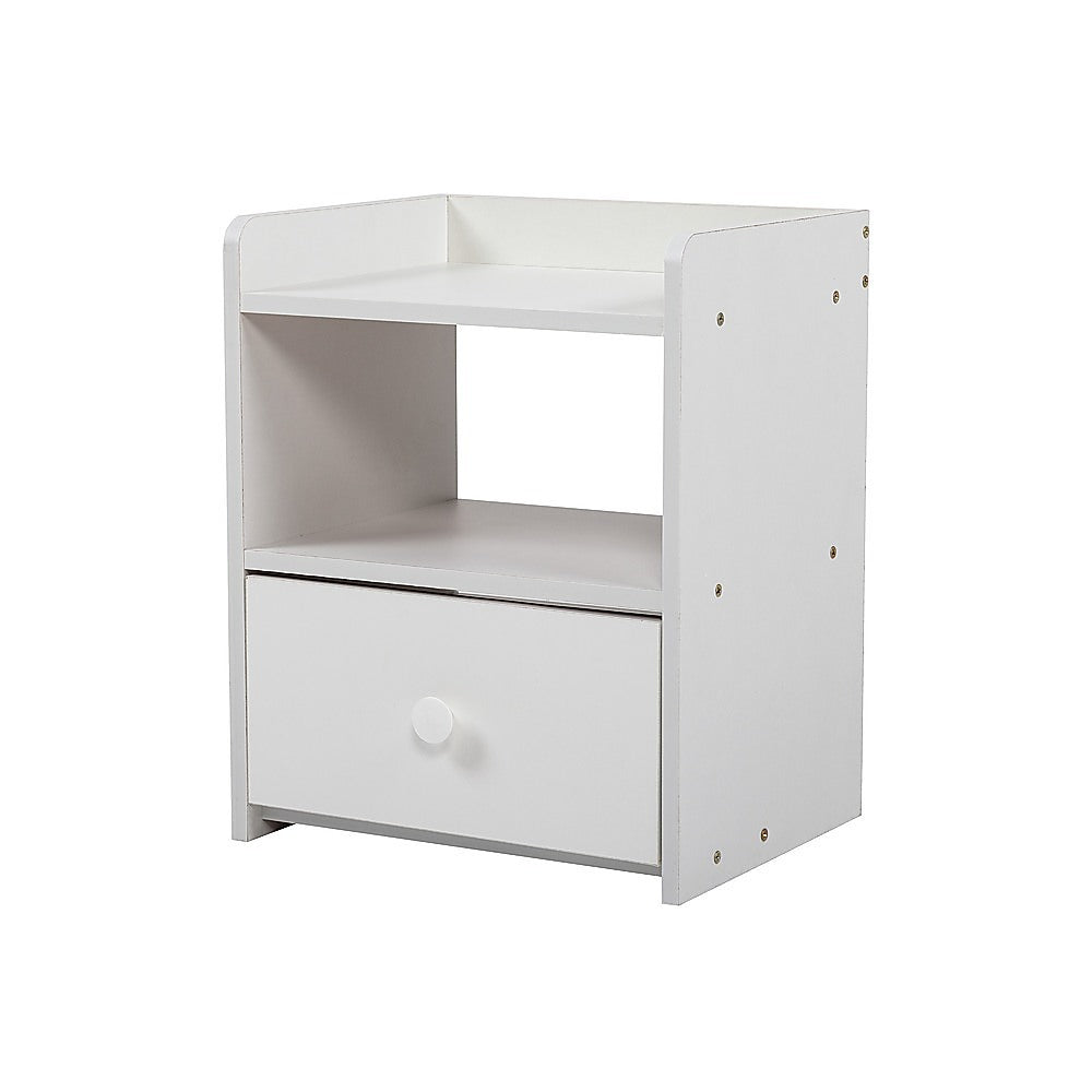 White MDF Bedside Table with Drawer and Shelf