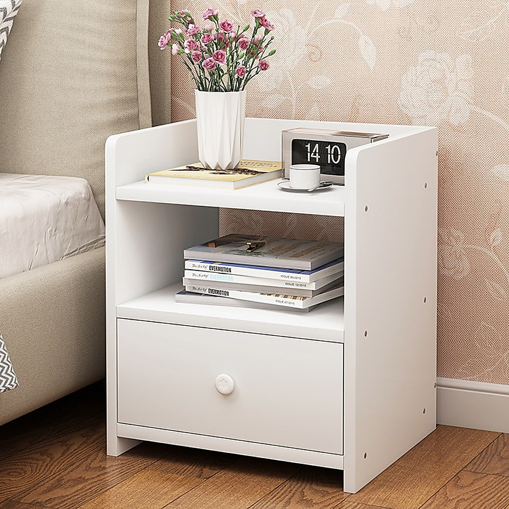 White MDF Bedside Table with Drawer and Shelf