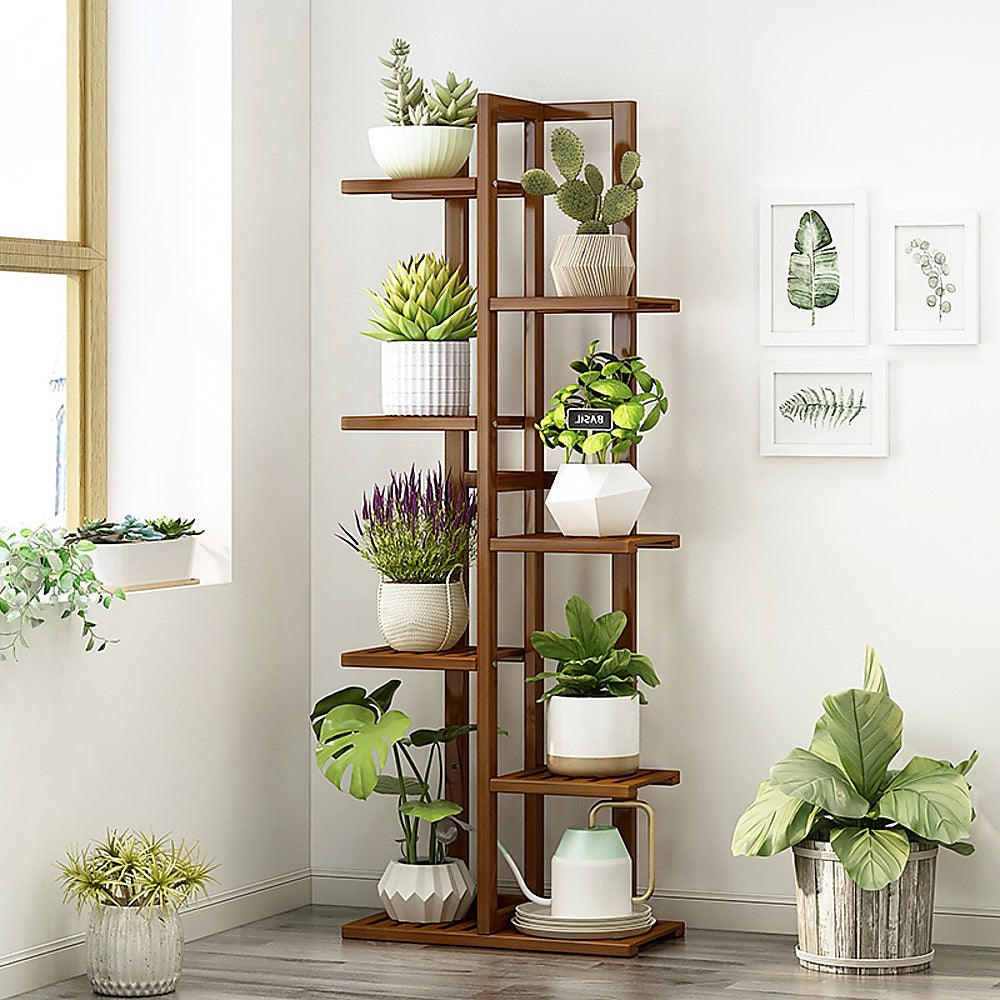 6-Tier Bamboo Plant Stand, Vertical Flower Shelf, Dark Wood