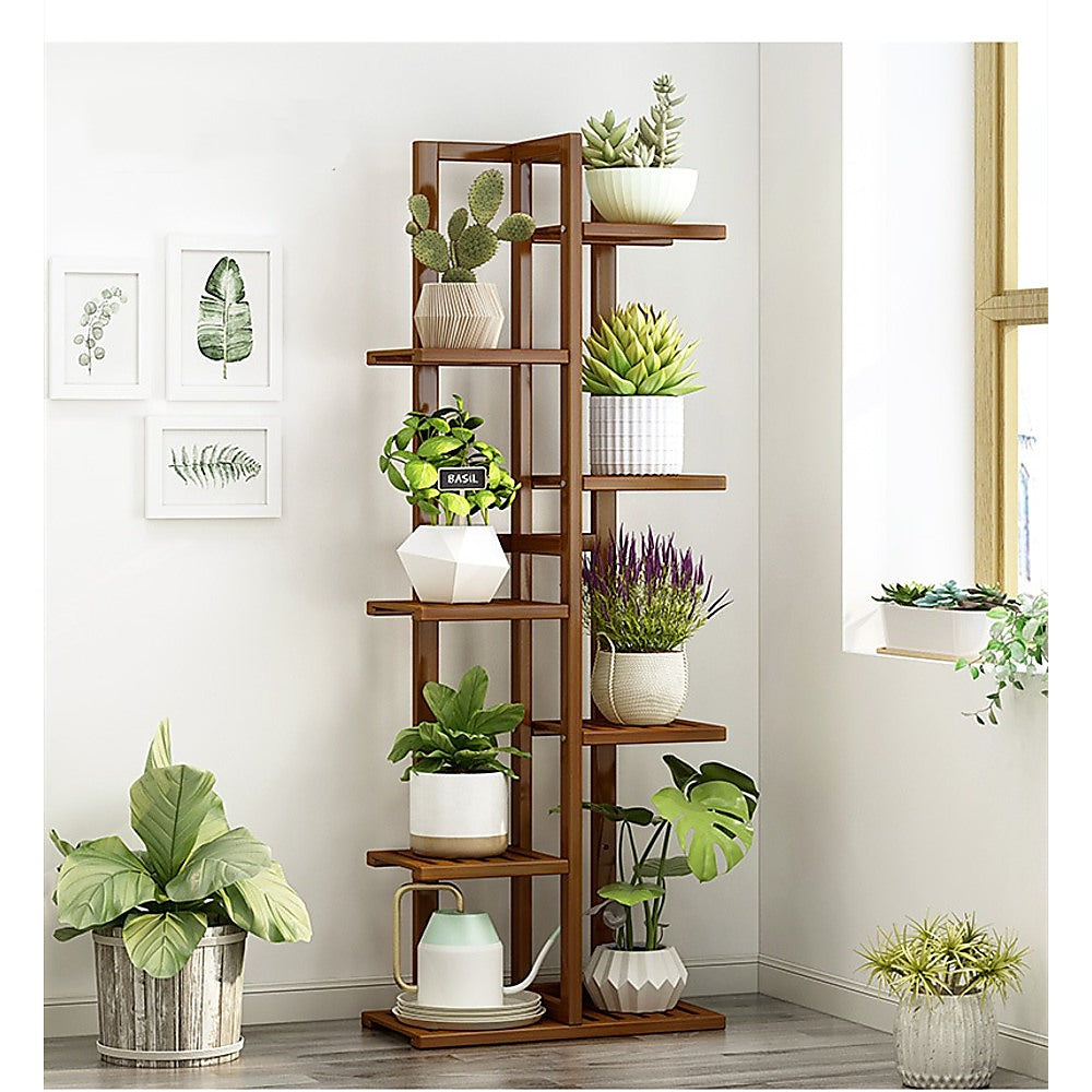 6-Tier Bamboo Plant Stand, Vertical Flower Shelf, Dark Wood