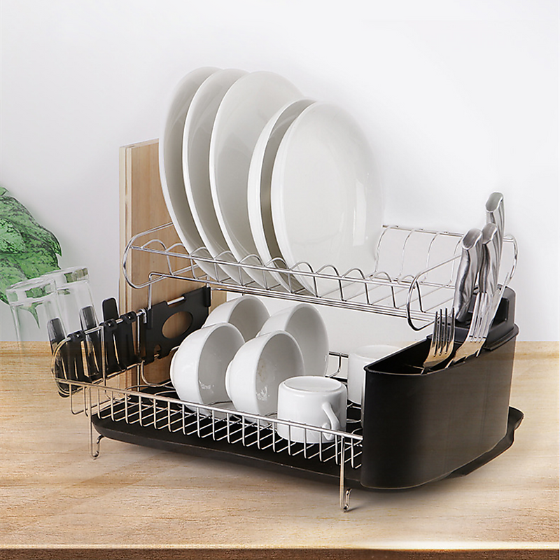 Double 2 Tier Dish Drainer Plates Rack Glass Cutlery Holder Kitchen Drip  Tray BK