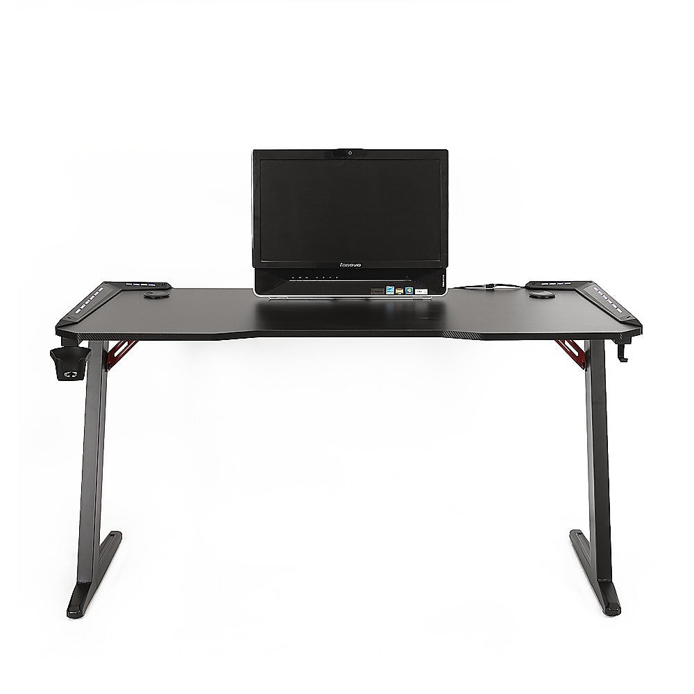 LED Gaming Desk Computer Table with Cup Holder Headphone Hook Cable Hole