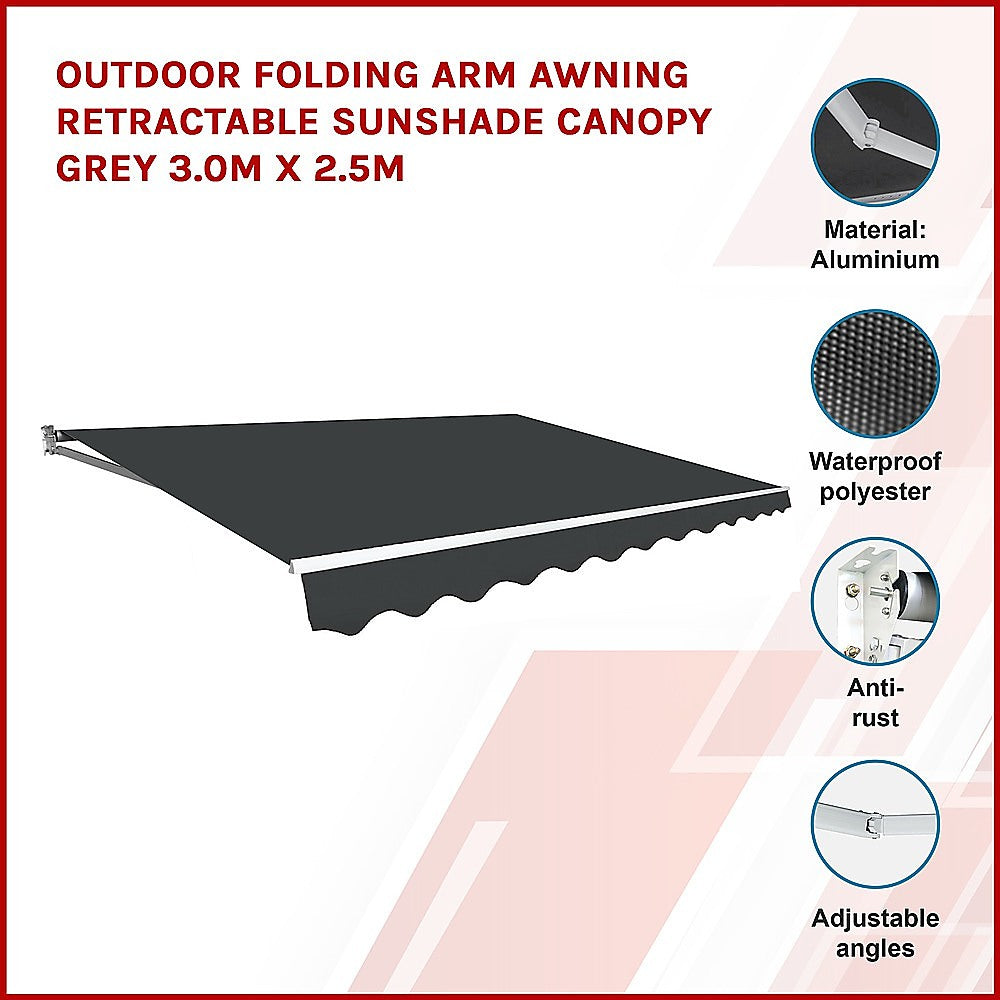 Outdoor Folding Arm Awning Retractable Sunshade Canopy Grey 3.0m x 2.5m