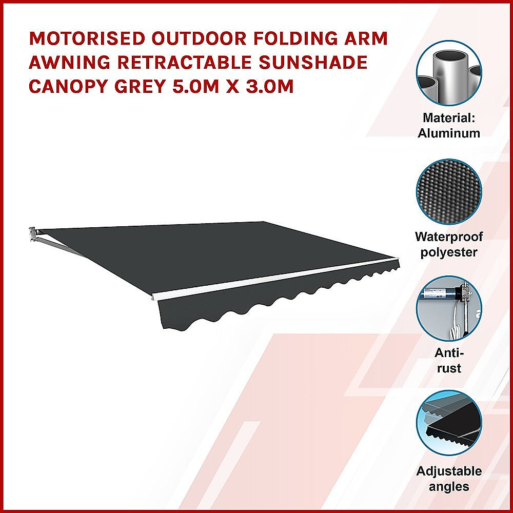 Motorised Outdoor Folding Arm Awning Retractable Sunshade Canopy Grey 5.0m x 3.0m