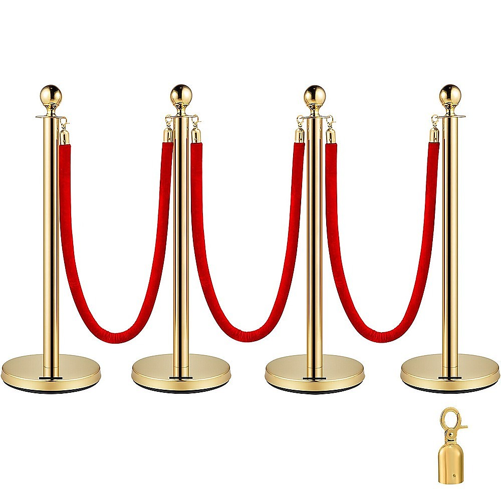 Gold Waterproof Crowd Control Bollards 4 Set + 3 Velvet Ropes