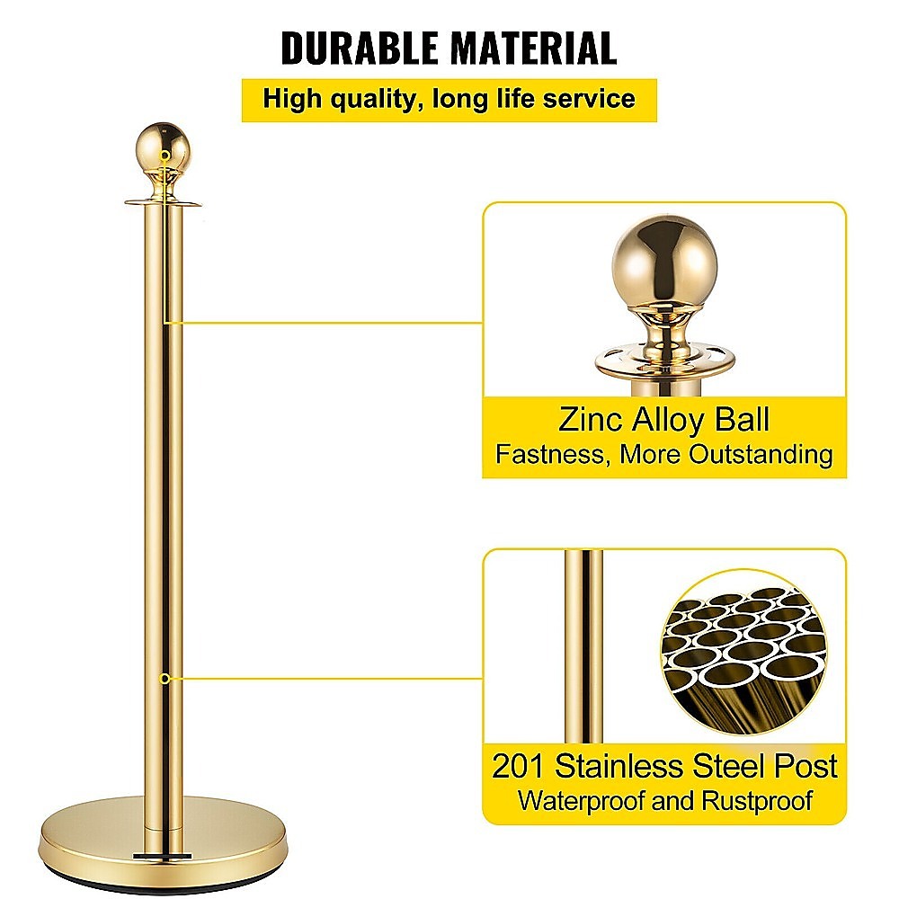 Gold Waterproof Crowd Control Bollards 4 Set + 3 Velvet Ropes