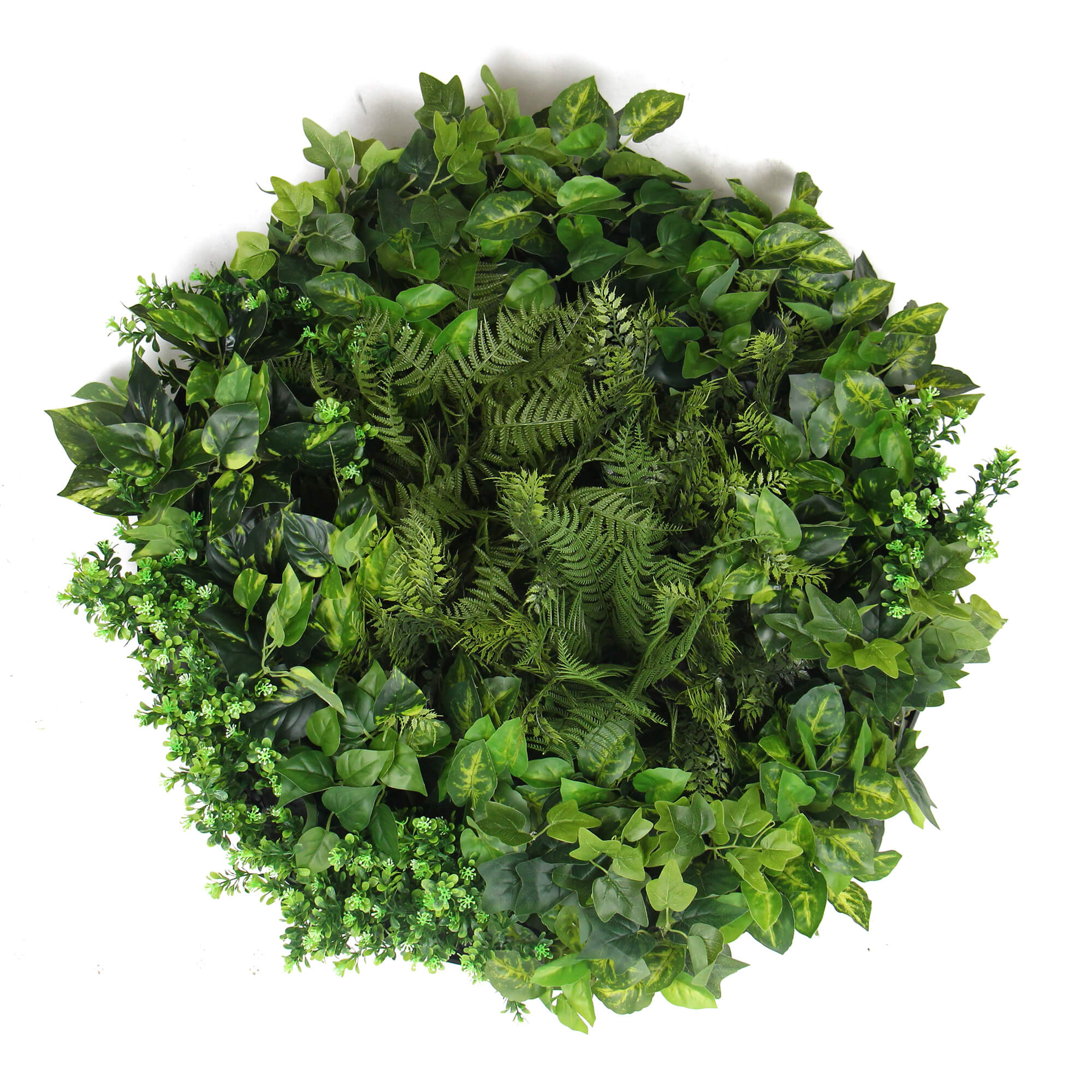 Slimline Artificial Green Wall Disc Art 80cm Mixed Green Fern & Ivy (White)