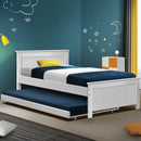 Artiss Wooden Trundle Bed Frame Timber Slat King Single Size White