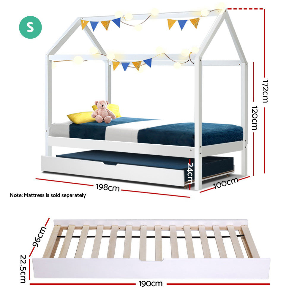 Artiss Bed Frame Wooden Trundle Daybed Kids House Frame White HOLY