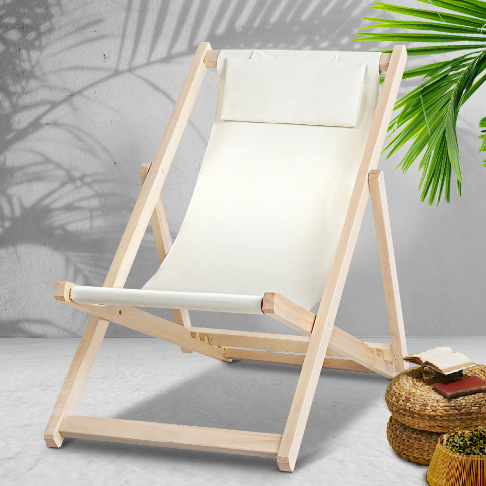 Gardeon Outdoor Deck Chair Wooden Sun Lounge Folding Beach Patio Furniture Beige