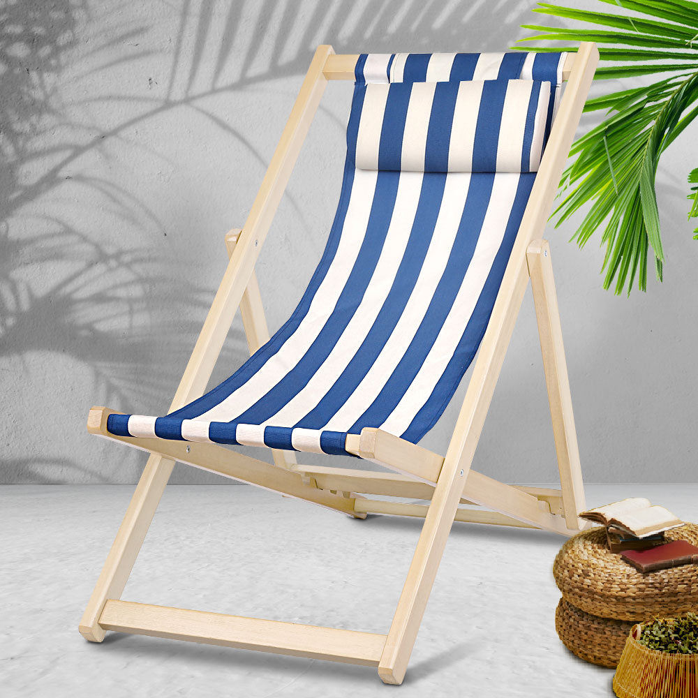 Adjustable Wooden Deck Chair with Pillow - Gardeon