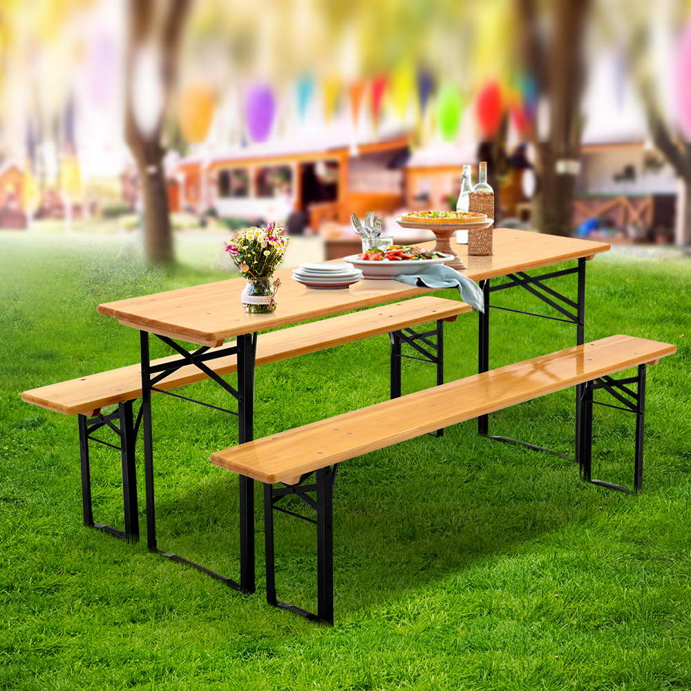 Gardeon Wooden Outdoor Foldable Bench Set - Natural