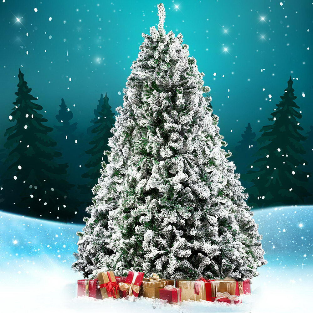 Jingle Jollys Christmas Tree 2.4M Xmas Tree Decorations Snow Flocked 1500 Tips