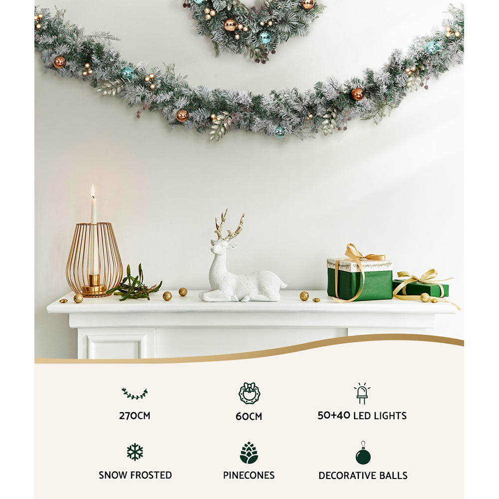 Jingle Jollys 2.7m Christmas Garland with Wreath Set LED Lights Snowy Xmas Decor