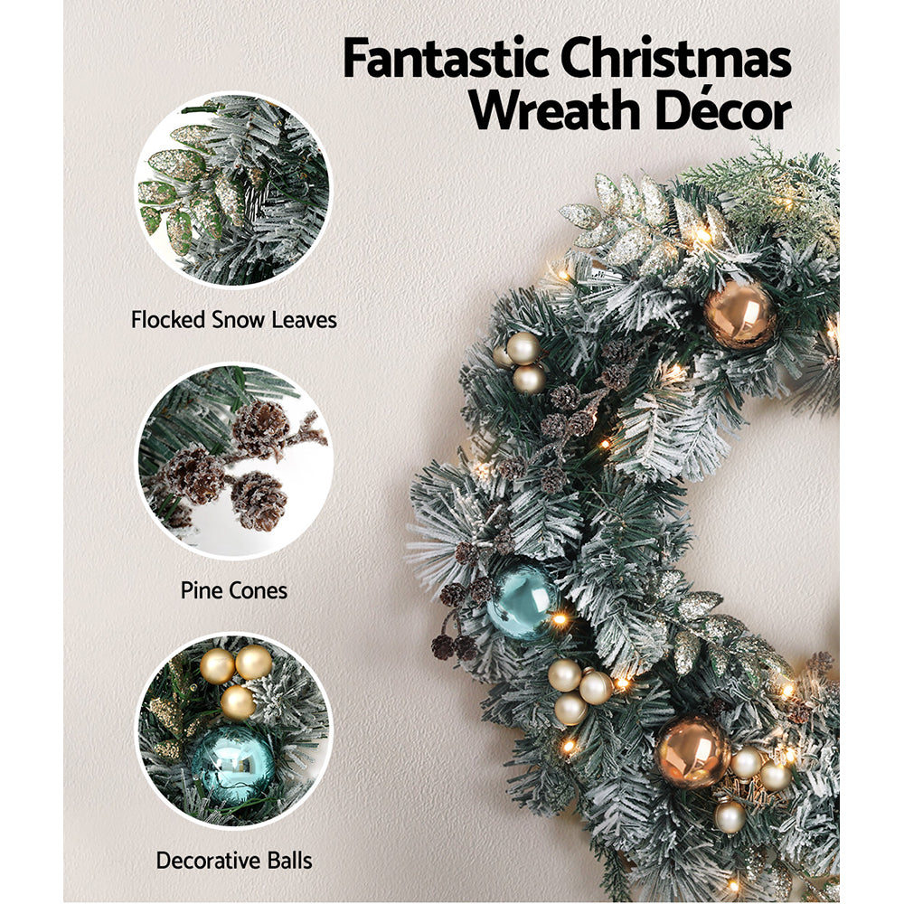 Jingle Jollys 2.7m Christmas Garland with Wreath Set LED Lights Snowy Xmas Decor