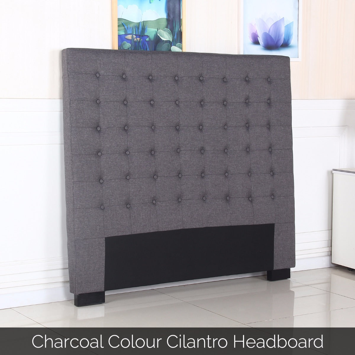 Tufted Charcoal Queen Headboard Linen Fabric, Solid Wood Legs